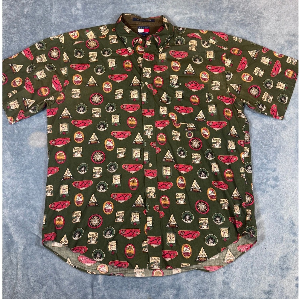 Tommy Hilfiger Ski Patch Print Button Down Shirt L Green Short Sleeve Vintage
